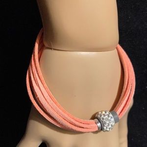 Pink Leather Multiple Strand Beaded Magnetic Clasp Bracelet